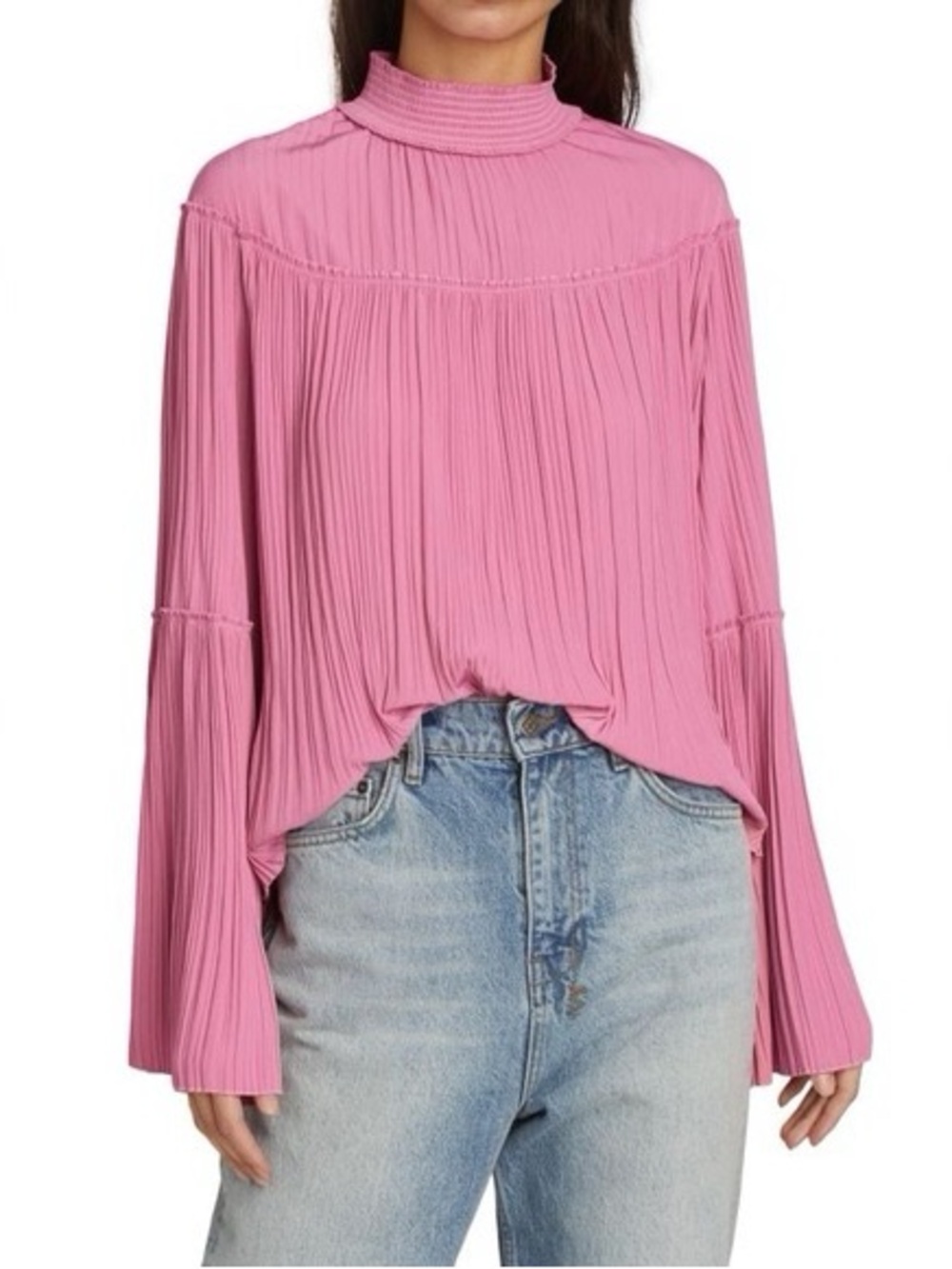 A.L.C. Pleated Mock-Neck Long Sleeve Top in Rose Pink